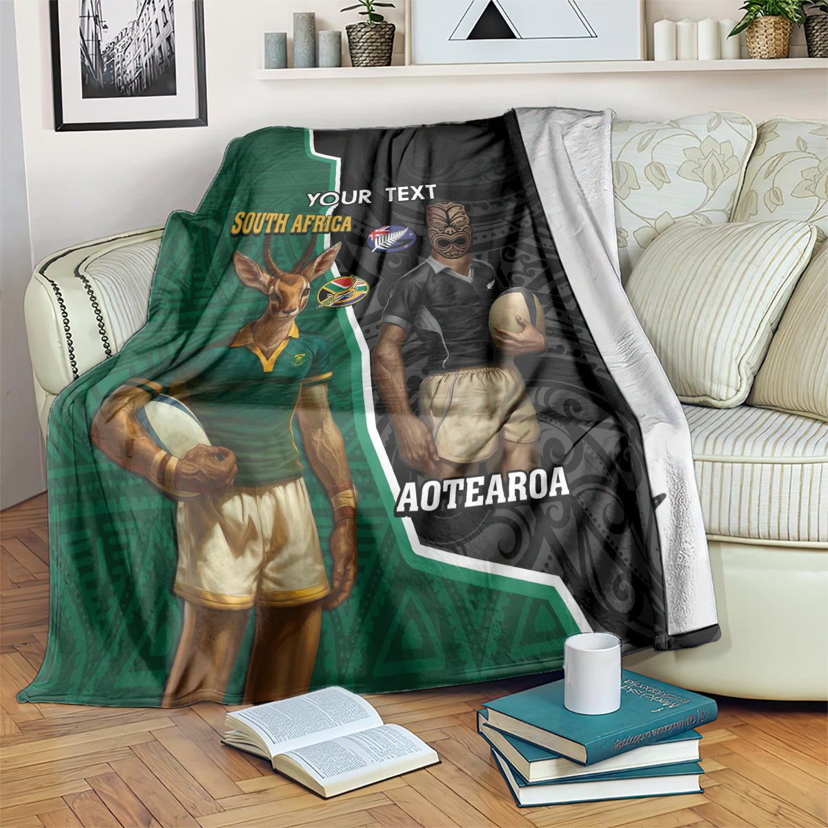 Personalised New Zealand And South Africa Rugby Blanket 2024 All Black Springboks Mascots Together - Vibe Hoodie Shop