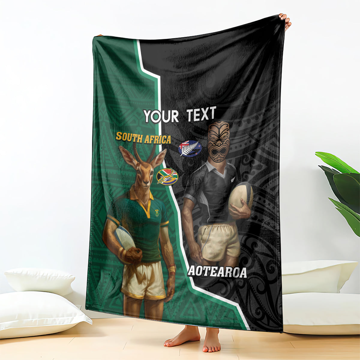Personalised New Zealand And South Africa Rugby Blanket 2024 All Black Springboks Mascots Together - Vibe Hoodie Shop