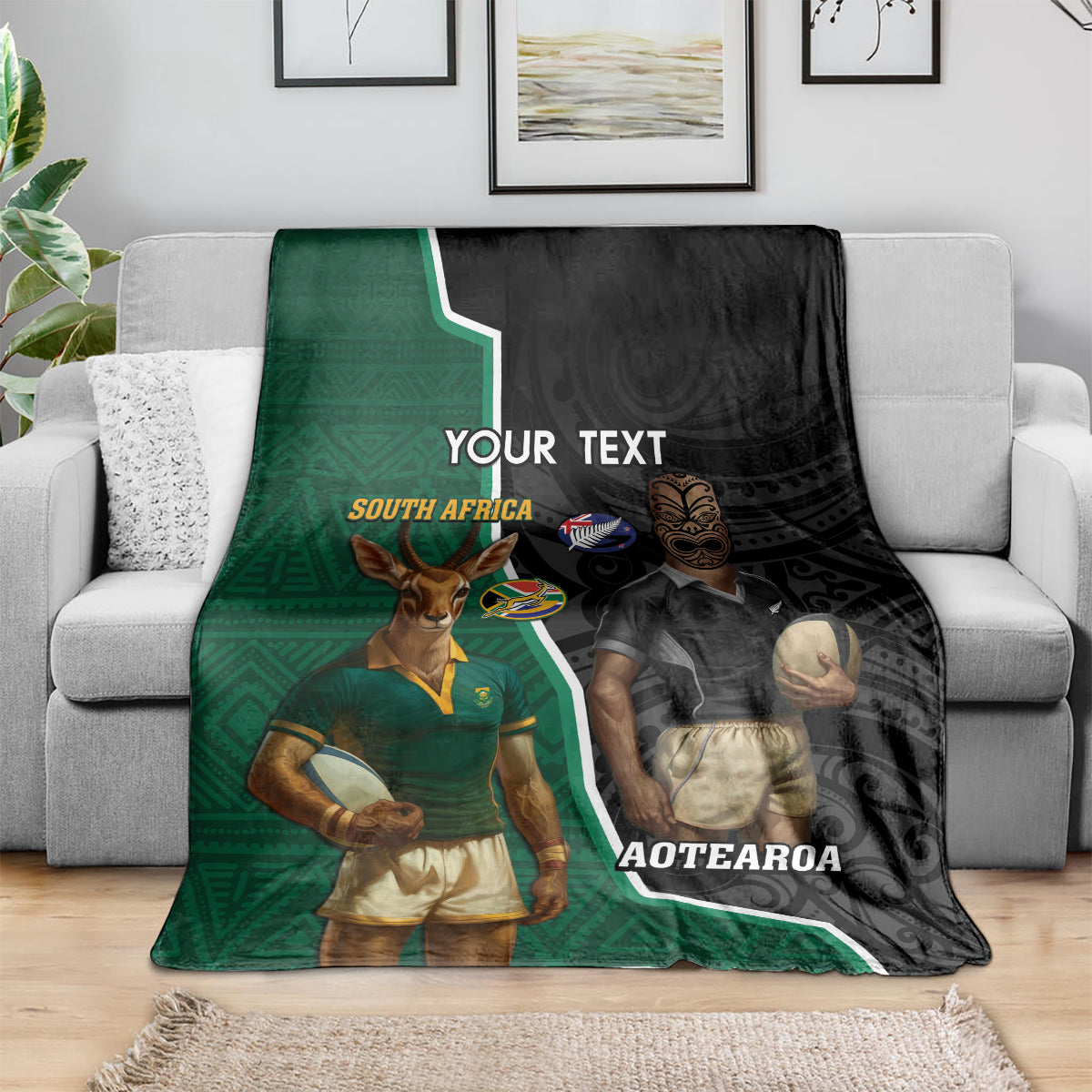 Personalised New Zealand And South Africa Rugby Blanket 2024 All Black Springboks Mascots Together - Vibe Hoodie Shop