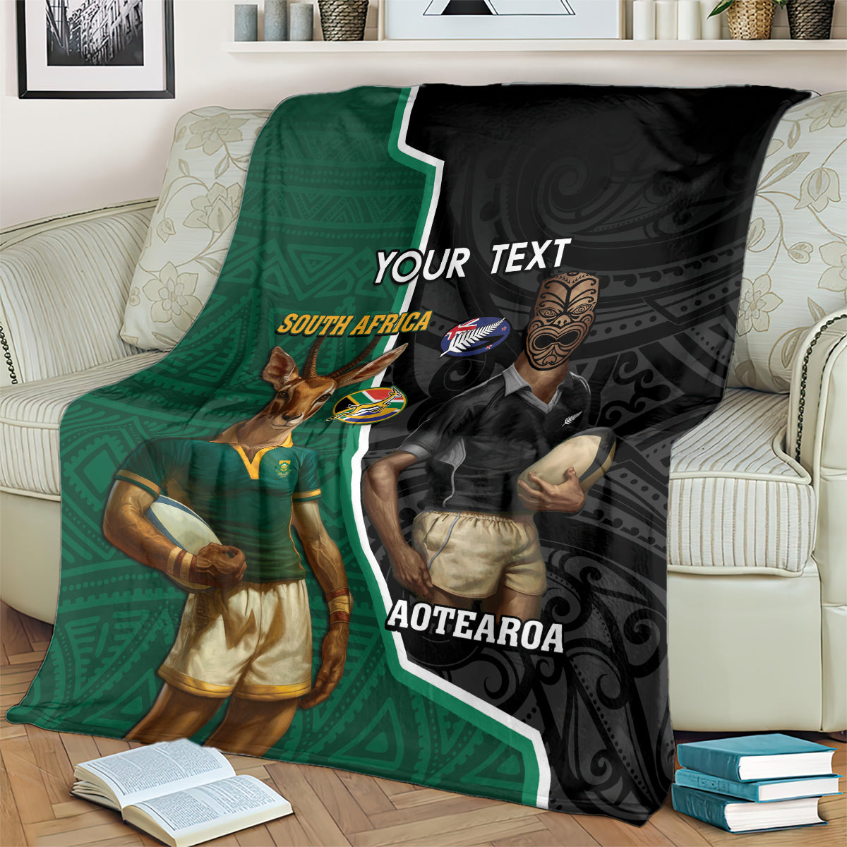 Personalised New Zealand And South Africa Rugby Blanket 2024 All Black Springboks Mascots Together - Vibe Hoodie Shop