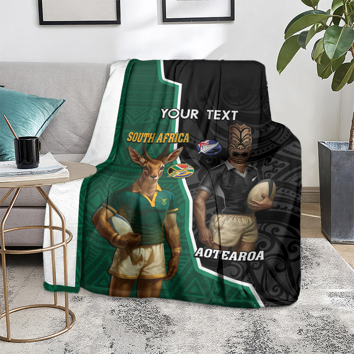 Personalised New Zealand And South Africa Rugby Blanket 2024 All Black Springboks Mascots Together - Vibe Hoodie Shop