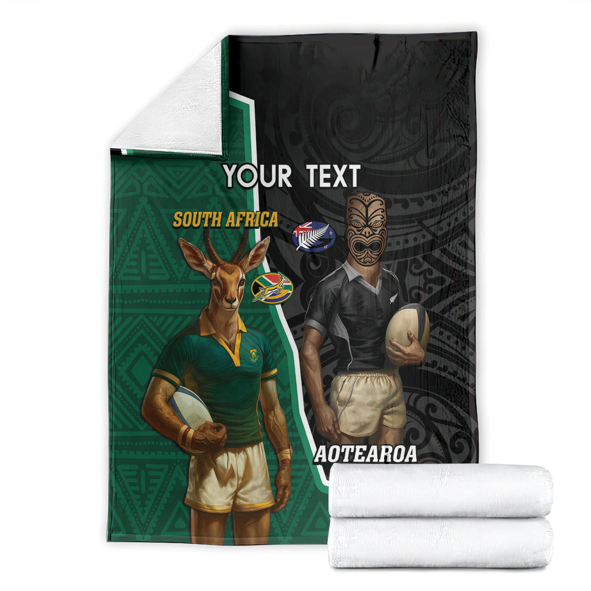 Personalised New Zealand And South Africa Rugby Blanket 2024 All Black Springboks Mascots Together - Vibe Hoodie Shop