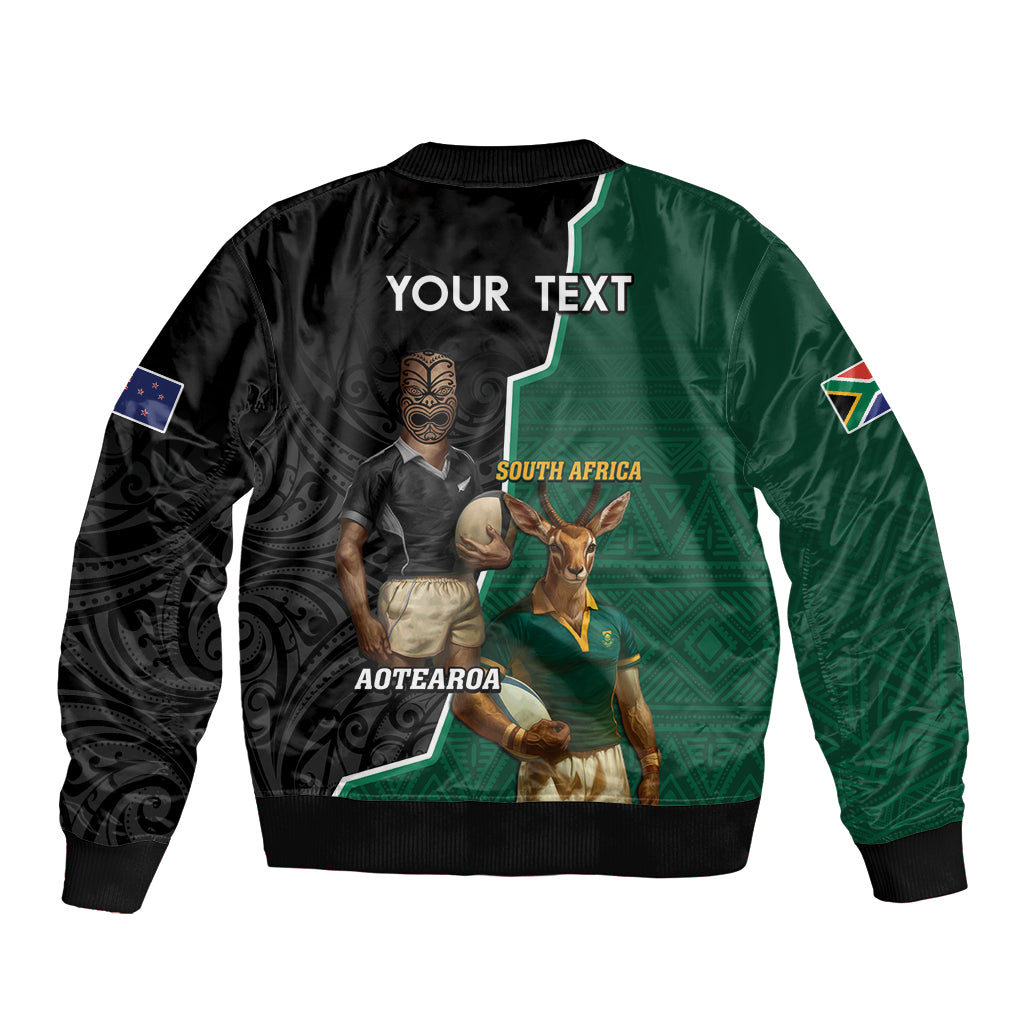 Personalised New Zealand And South Africa Rugby Bomber Jacket 2024 All Black Springboks Mascots Together - Vibe Hoodie Shop