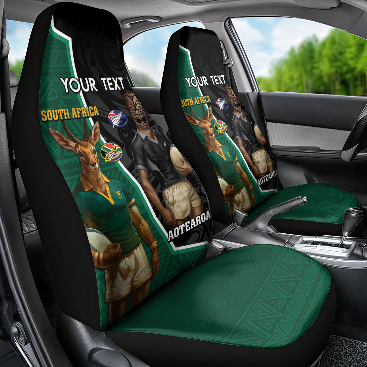 Personalised New Zealand And South Africa Rugby Car Seat Cover 2024 All Black Springboks Mascots Together - Vibe Hoodie Shop