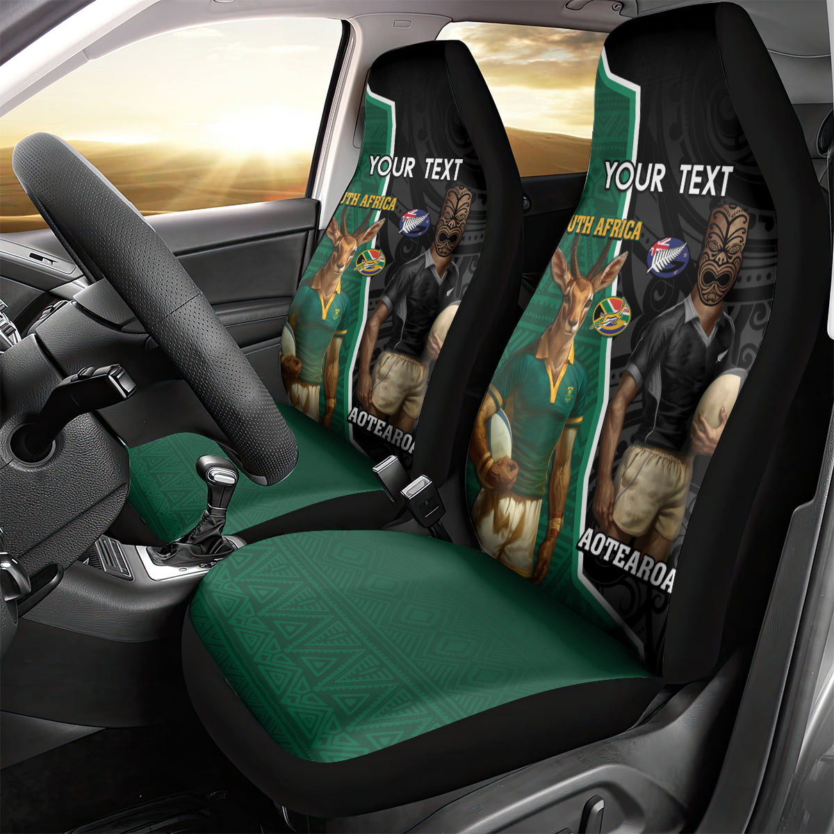 Personalised New Zealand And South Africa Rugby Car Seat Cover 2024 All Black Springboks Mascots Together - Vibe Hoodie Shop