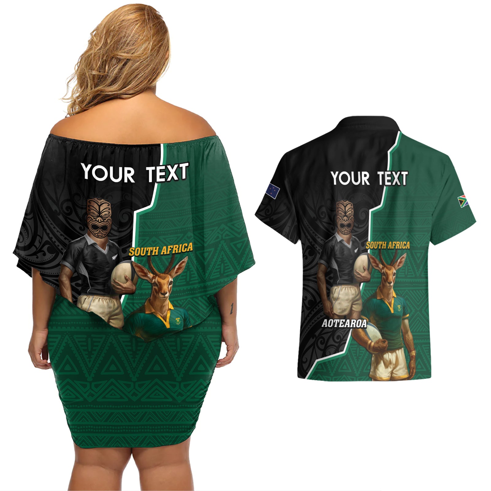 Personalised New Zealand And South Africa Rugby Couples Matching Off Shoulder Short Dress and Hawaiian Shirt 2024 All Black Springboks Mascots Together