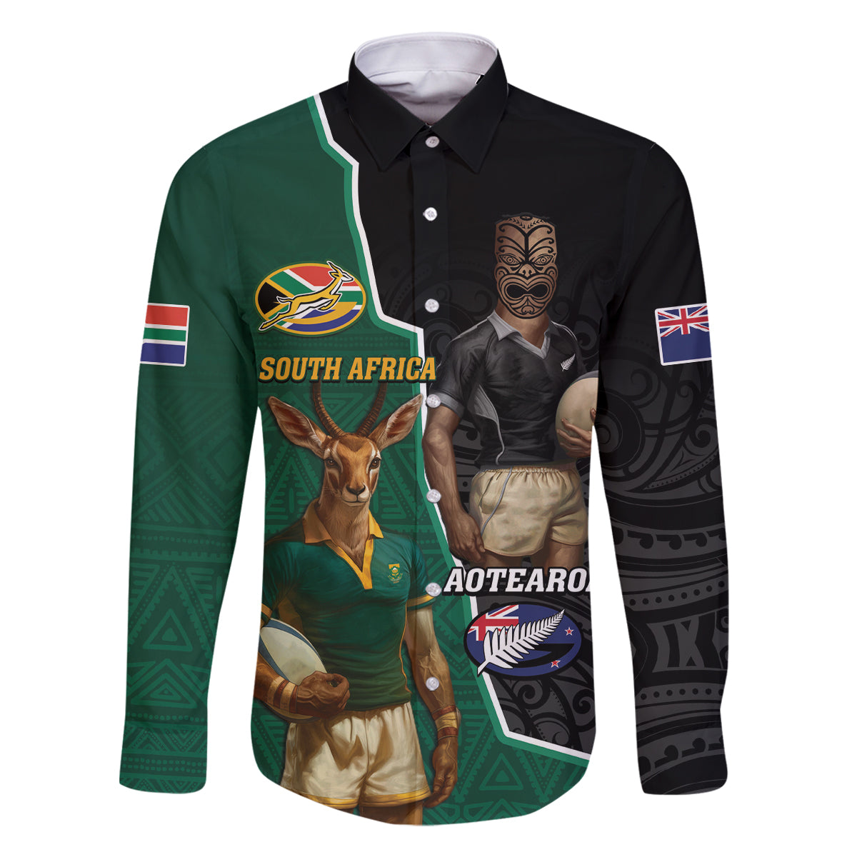 Personalised New Zealand And South Africa Rugby Family Matching Off The Shoulder Long Sleeve Dress and Hawaiian Shirt 2024 All Black Springboks Mascots Together