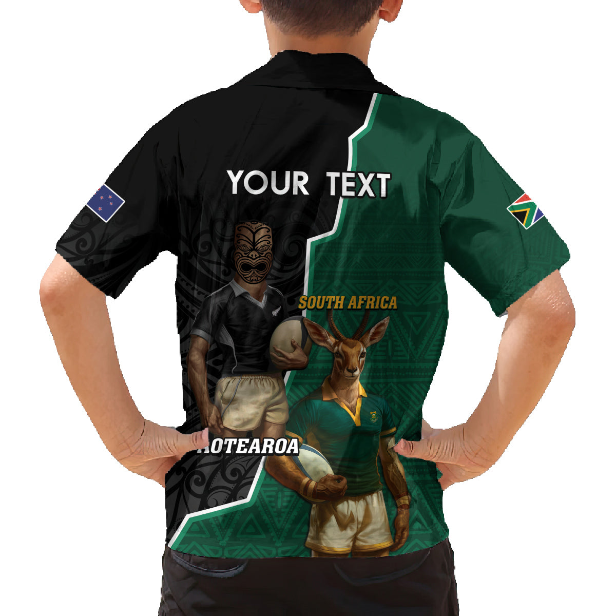 Personalised New Zealand And South Africa Rugby Family Matching Off Shoulder Short Dress and Hawaiian Shirt 2024 All Black Springboks Mascots Together