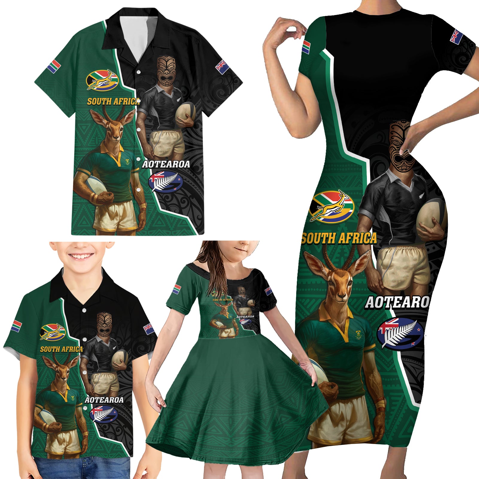 Personalised New Zealand And South Africa Rugby Family Matching Short Sleeve Bodycon Dress and Hawaiian Shirt 2024 All Black Springboks Mascots Together