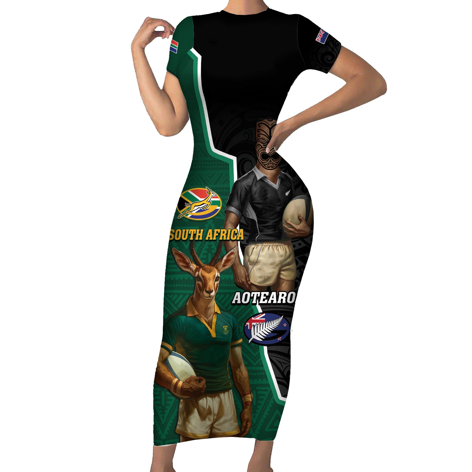 Personalised New Zealand And South Africa Rugby Family Matching Short Sleeve Bodycon Dress and Hawaiian Shirt 2024 All Black Springboks Mascots Together
