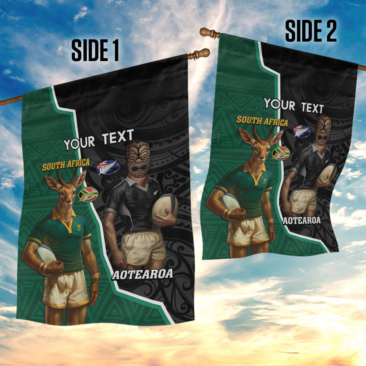 Personalised New Zealand And South Africa Rugby Garden Flag 2024 All Black Springboks Mascots Together - Vibe Hoodie Shop