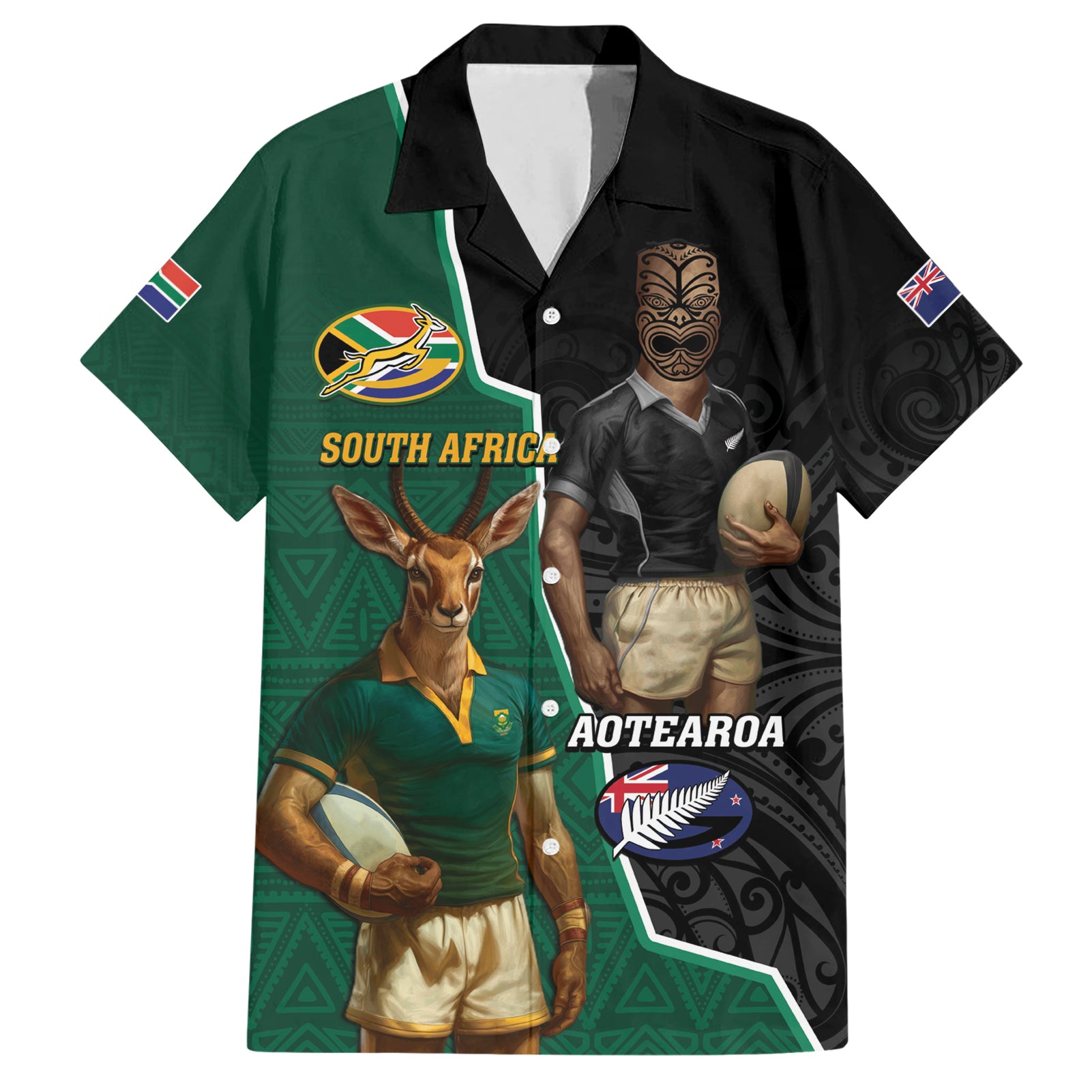 Personalised New Zealand And South Africa Rugby Hawaiian Shirt 2024 All Black Springboks Mascots Together - Vibe Hoodie Shop