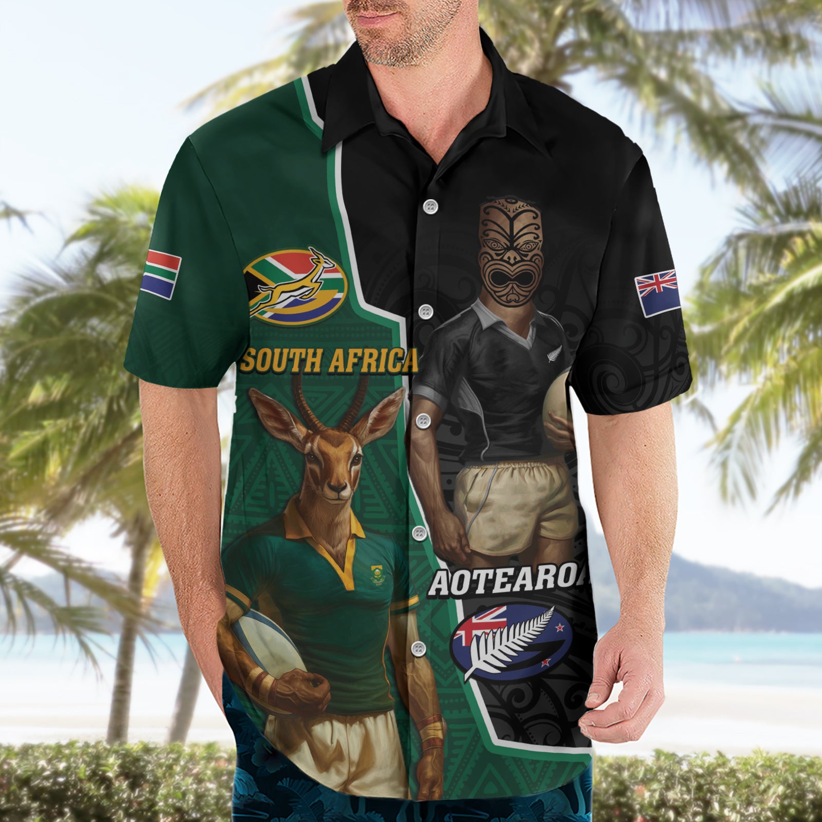 Personalised New Zealand And South Africa Rugby Hawaiian Shirt 2024 All Black Springboks Mascots Together - Vibe Hoodie Shop