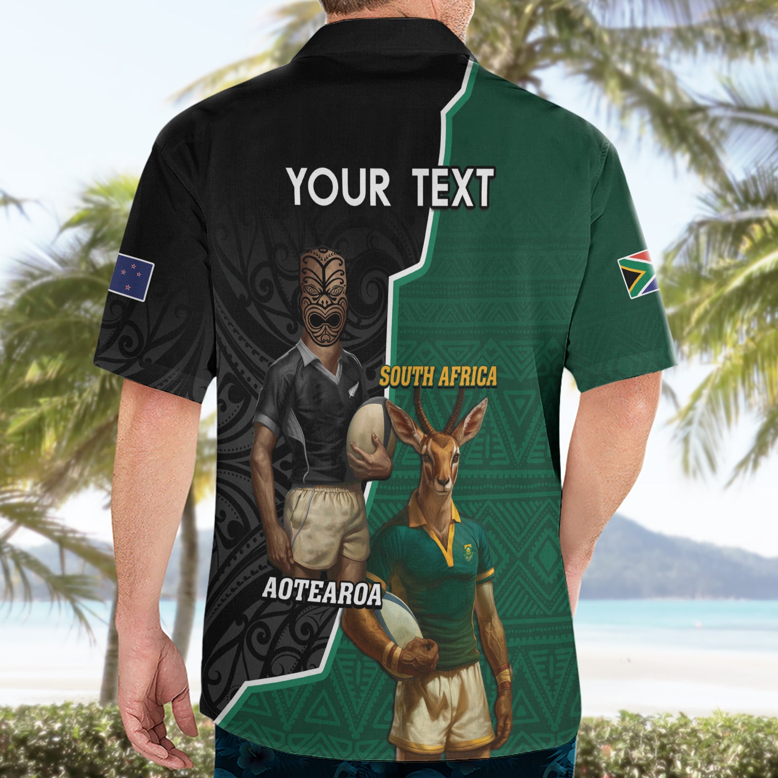 Personalised New Zealand And South Africa Rugby Hawaiian Shirt 2024 All Black Springboks Mascots Together - Vibe Hoodie Shop