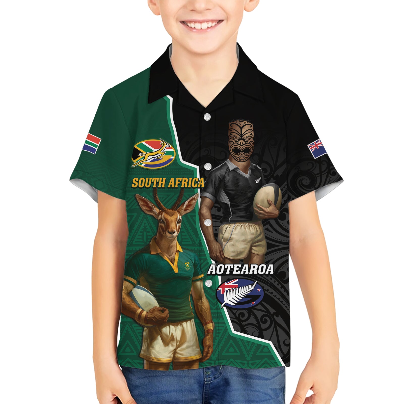 Personalised New Zealand And South Africa Rugby Hawaiian Shirt 2024 All Black Springboks Mascots Together - Vibe Hoodie Shop