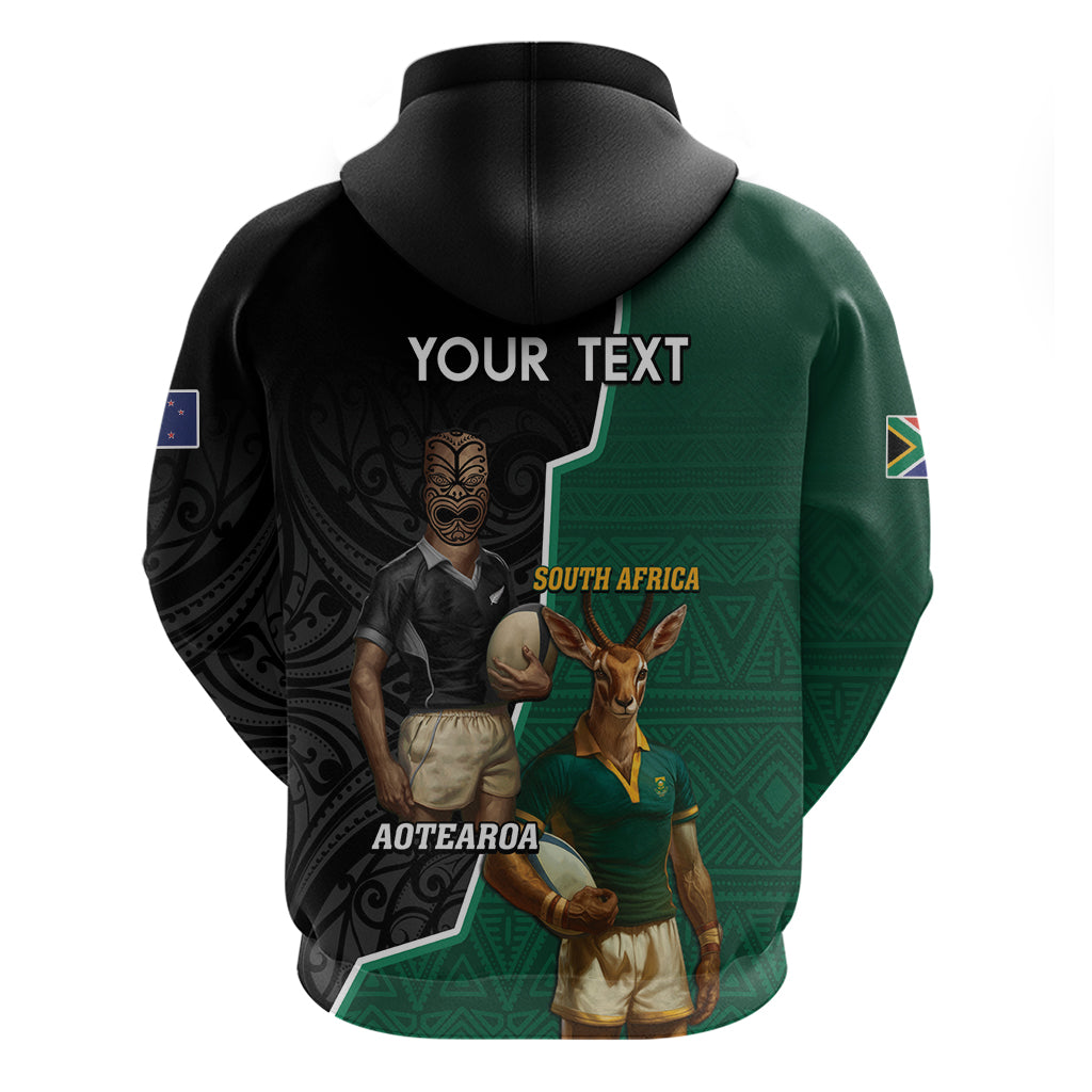Personalised New Zealand And South Africa Rugby Hoodie 2024 All Black Springboks Mascots Together - Vibe Hoodie Shop