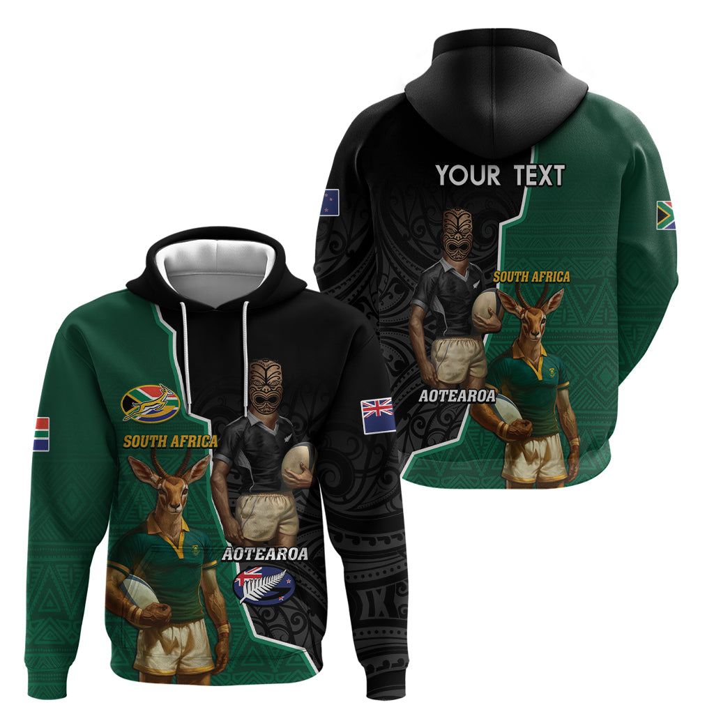 Personalised New Zealand And South Africa Rugby Hoodie 2024 All Black Springboks Mascots Together - Vibe Hoodie Shop