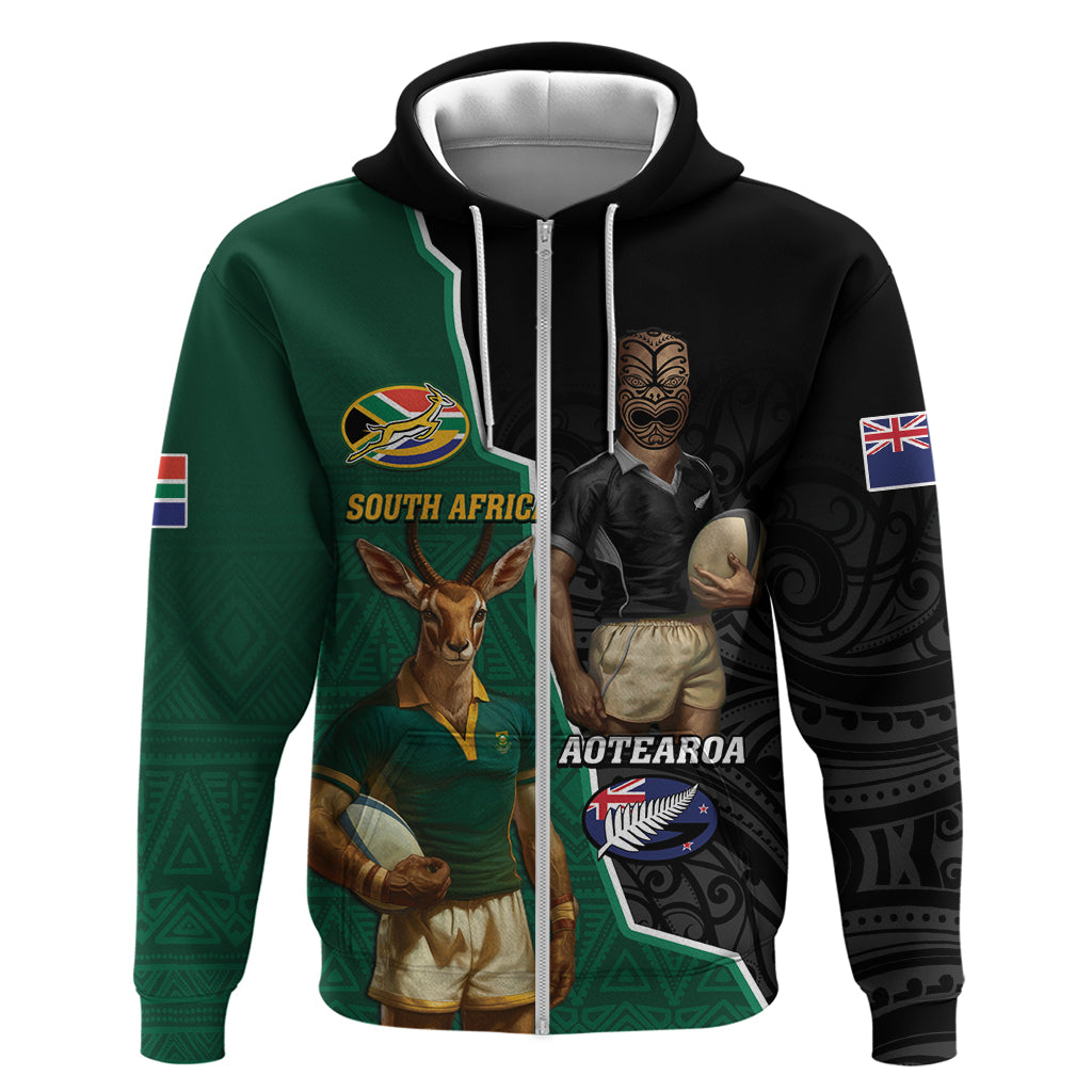 Personalised New Zealand And South Africa Rugby Hoodie 2024 All Black Springboks Mascots Together - Vibe Hoodie Shop