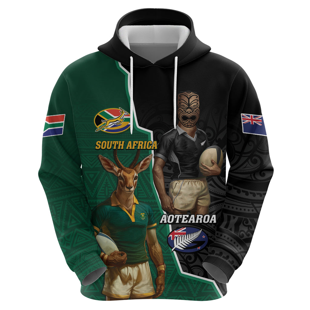 Personalised New Zealand And South Africa Rugby Hoodie 2024 All Black Springboks Mascots Together - Vibe Hoodie Shop