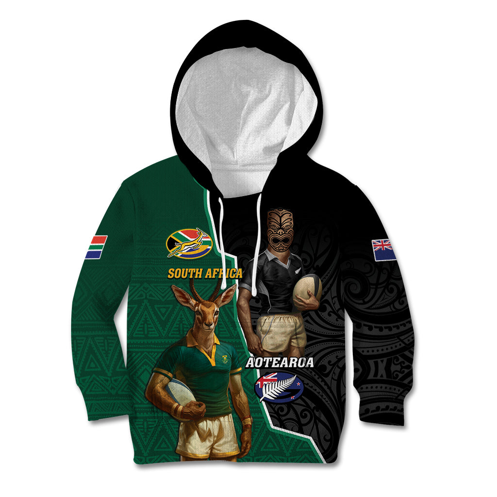 Personalised New Zealand And South Africa Rugby Kid Hoodie 2024 All Black Springboks Mascots Together - Vibe Hoodie Shop