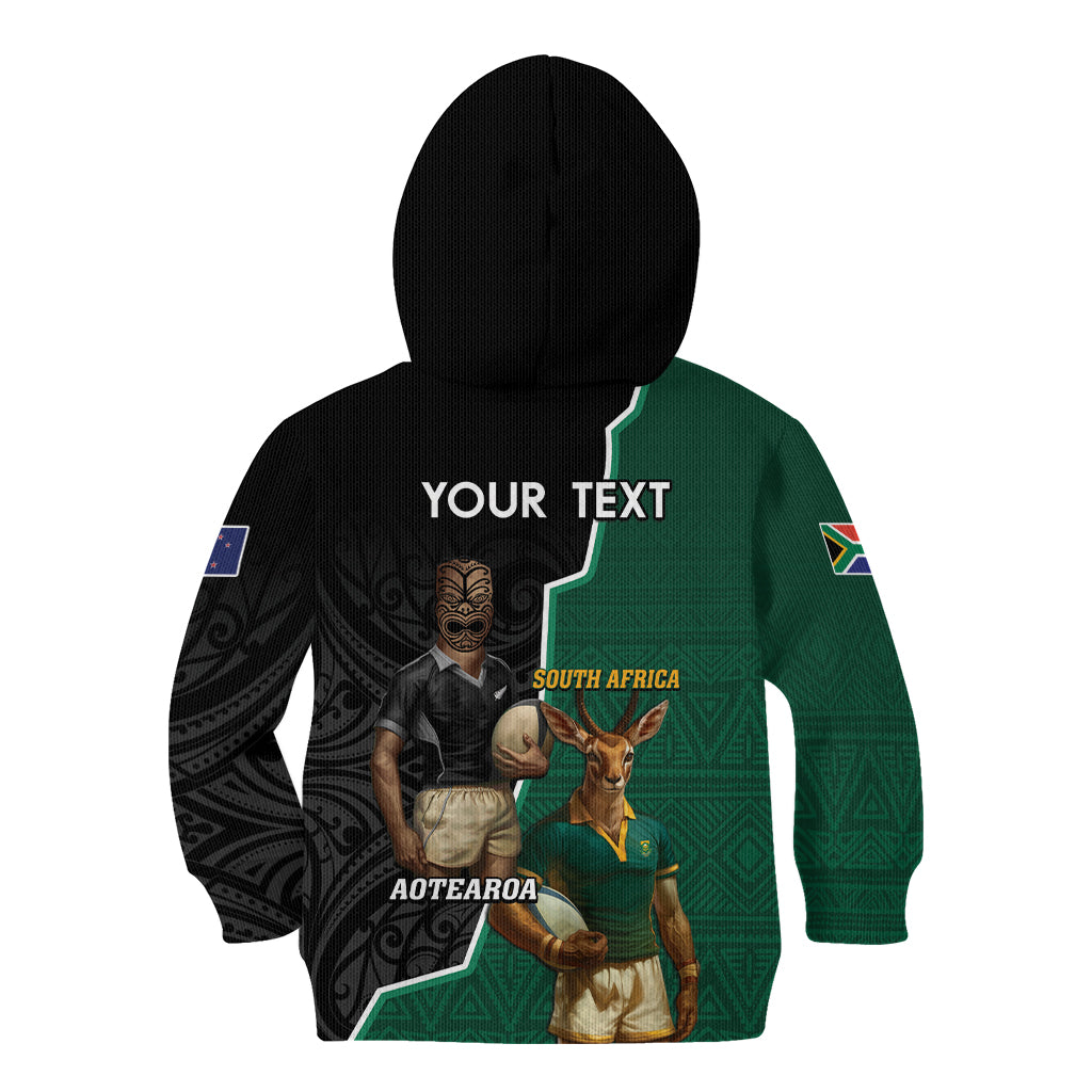 Personalised New Zealand And South Africa Rugby Kid Hoodie 2024 All Black Springboks Mascots Together - Vibe Hoodie Shop