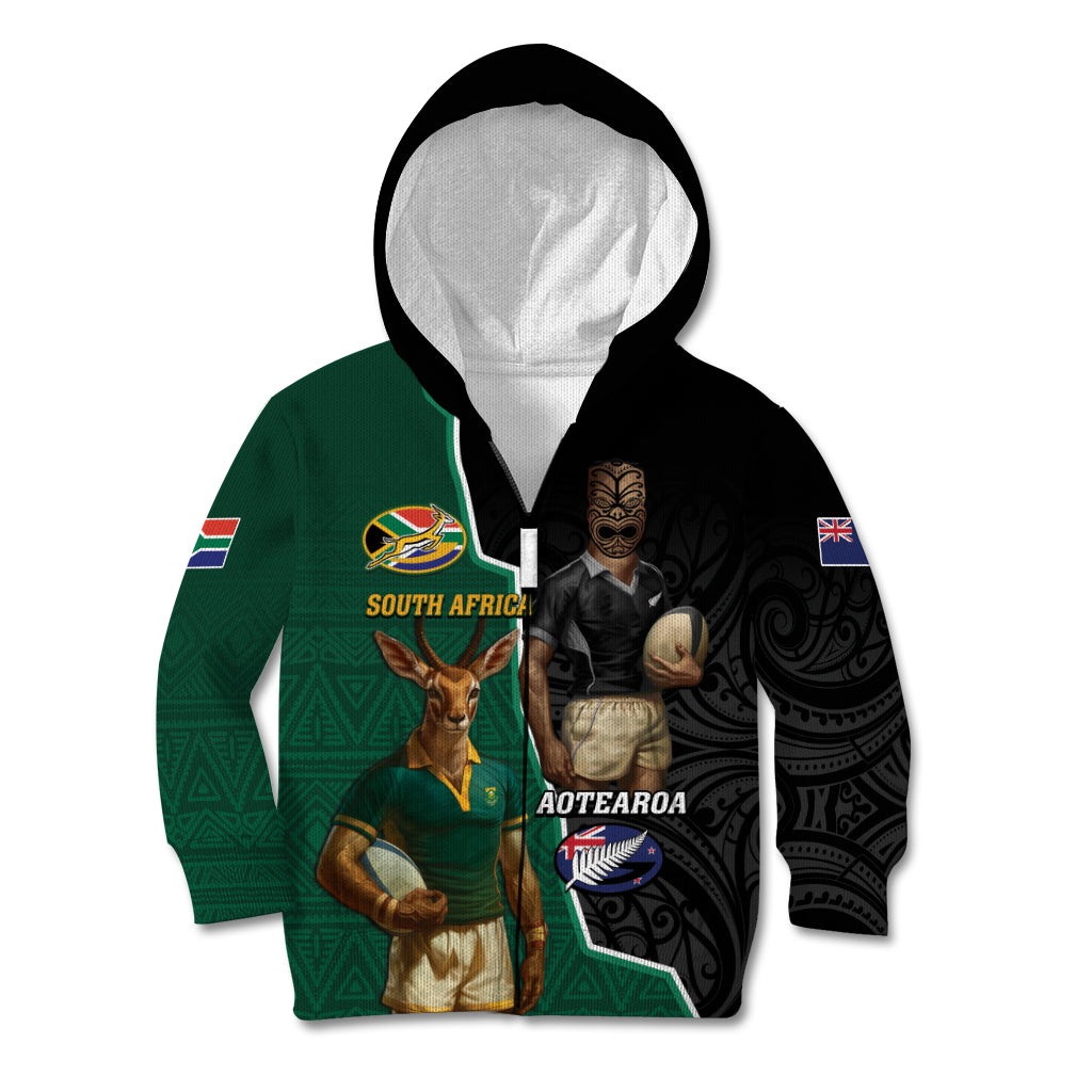 Personalised New Zealand And South Africa Rugby Kid Hoodie 2024 All Black Springboks Mascots Together - Vibe Hoodie Shop