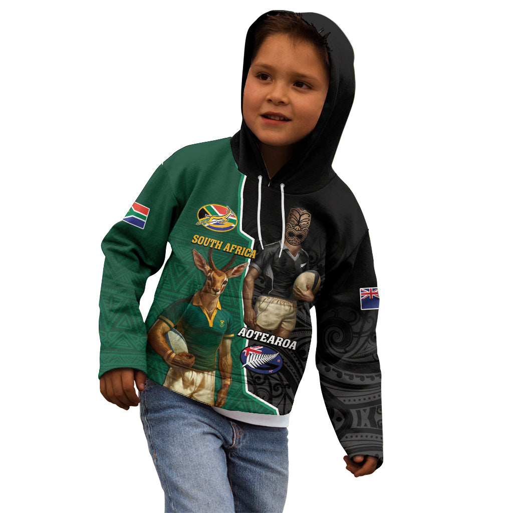 Personalised New Zealand And South Africa Rugby Kid Hoodie 2024 All Black Springboks Mascots Together - Vibe Hoodie Shop