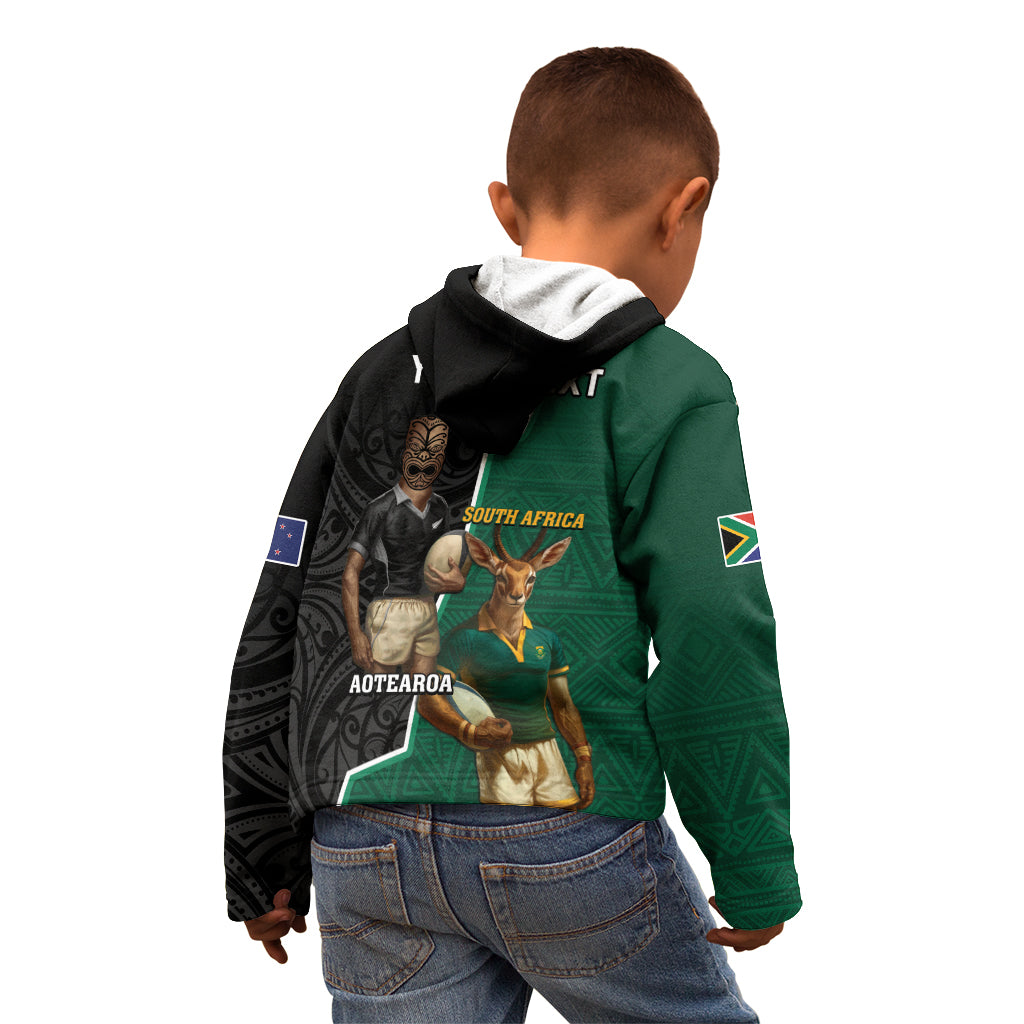 Personalised New Zealand And South Africa Rugby Kid Hoodie 2024 All Black Springboks Mascots Together - Vibe Hoodie Shop