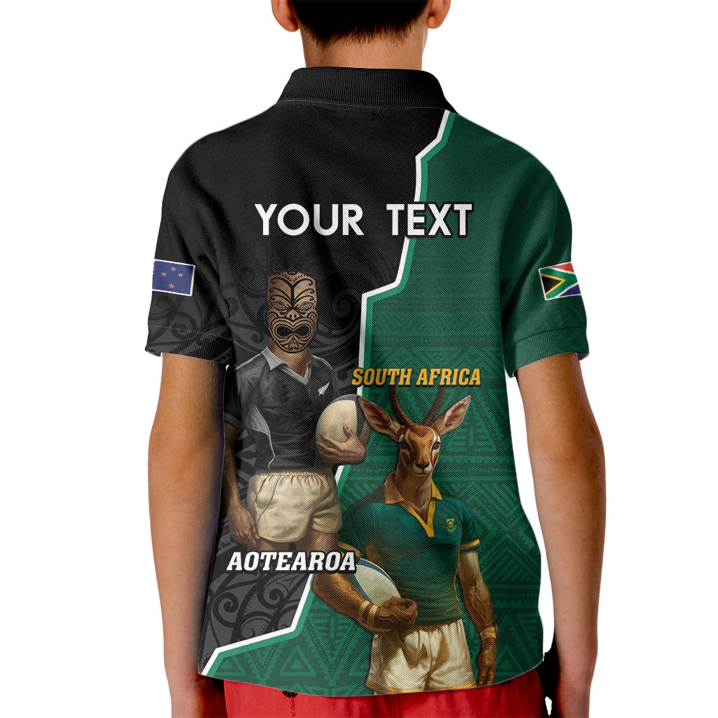 Personalised New Zealand And South Africa Rugby Kid Polo Shirt 2024 All Black Springboks Mascots Together - Vibe Hoodie Shop