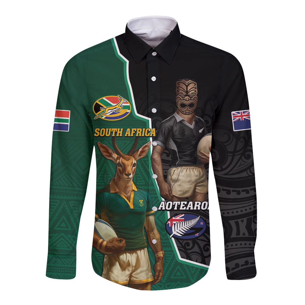 Personalised New Zealand And South Africa Rugby Long Sleeve Button Shirt 2024 All Black Springboks Mascots Together - Vibe Hoodie Shop