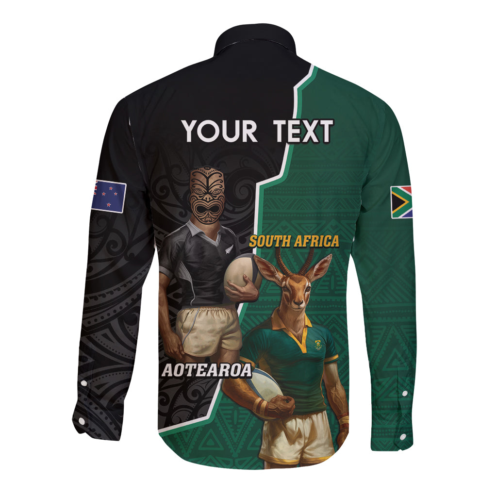 Personalised New Zealand And South Africa Rugby Long Sleeve Button Shirt 2024 All Black Springboks Mascots Together - Vibe Hoodie Shop