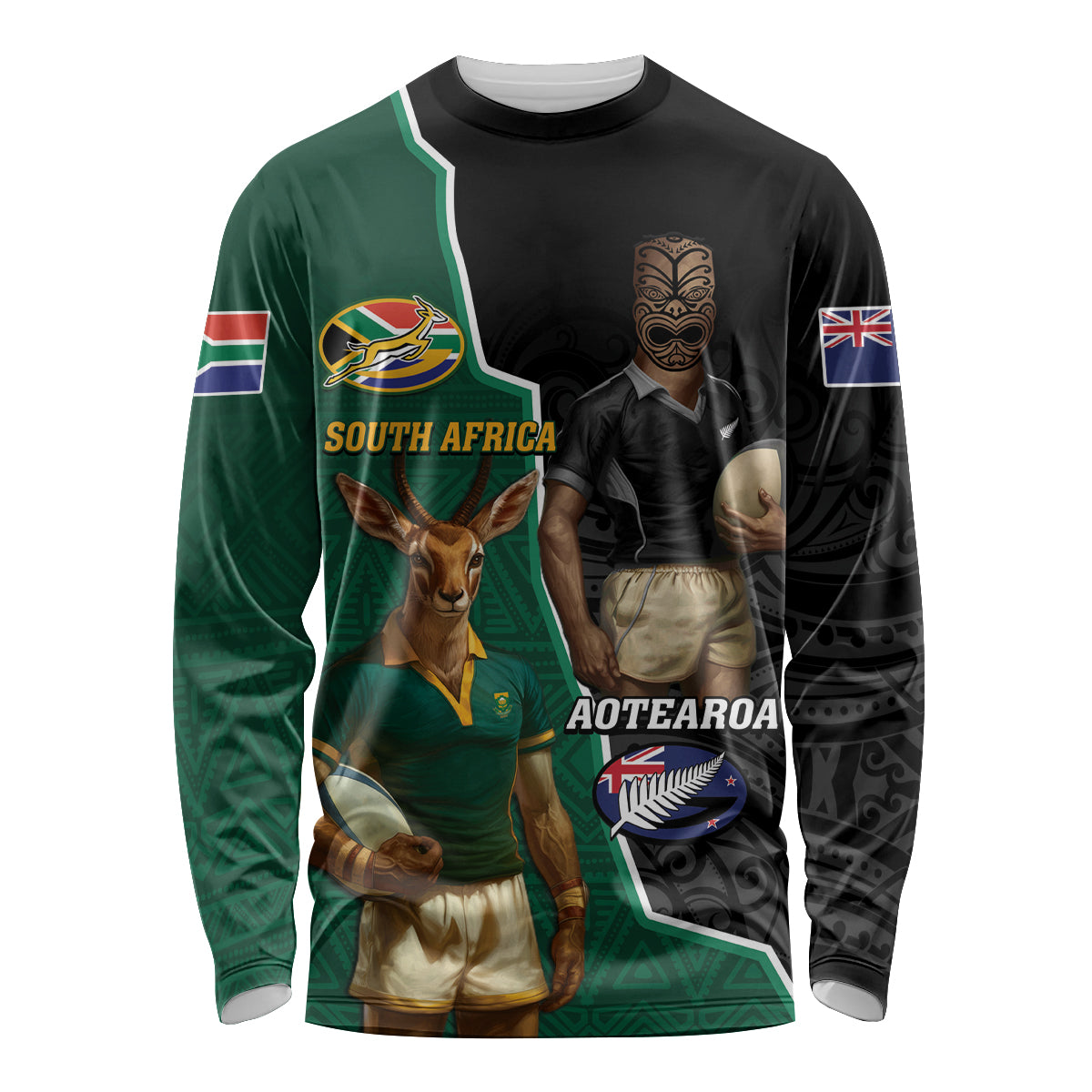 Personalised New Zealand And South Africa Rugby Long Sleeve Shirt 2024 All Black Springboks Mascots Together - Vibe Hoodie Shop