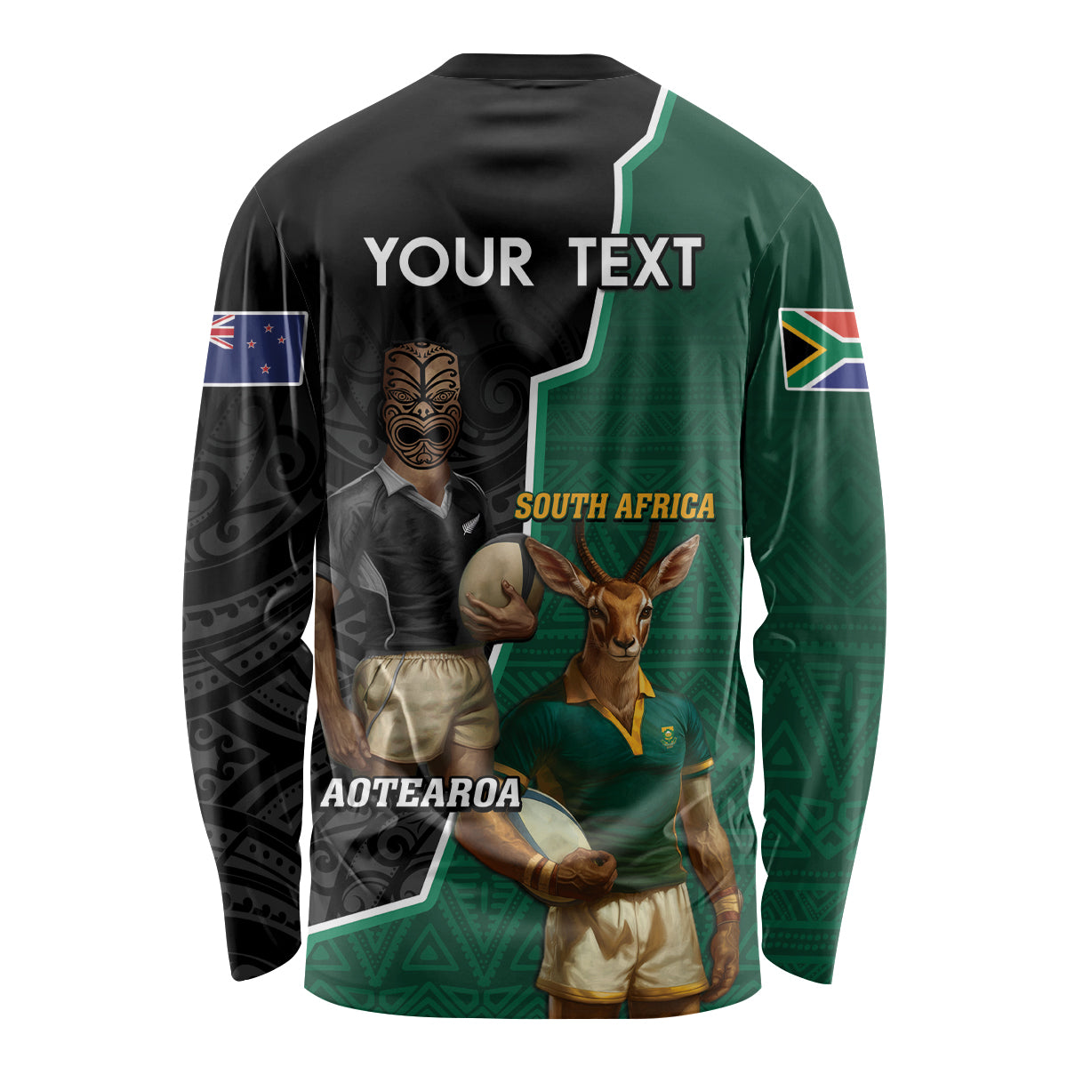Personalised New Zealand And South Africa Rugby Long Sleeve Shirt 2024 All Black Springboks Mascots Together - Vibe Hoodie Shop
