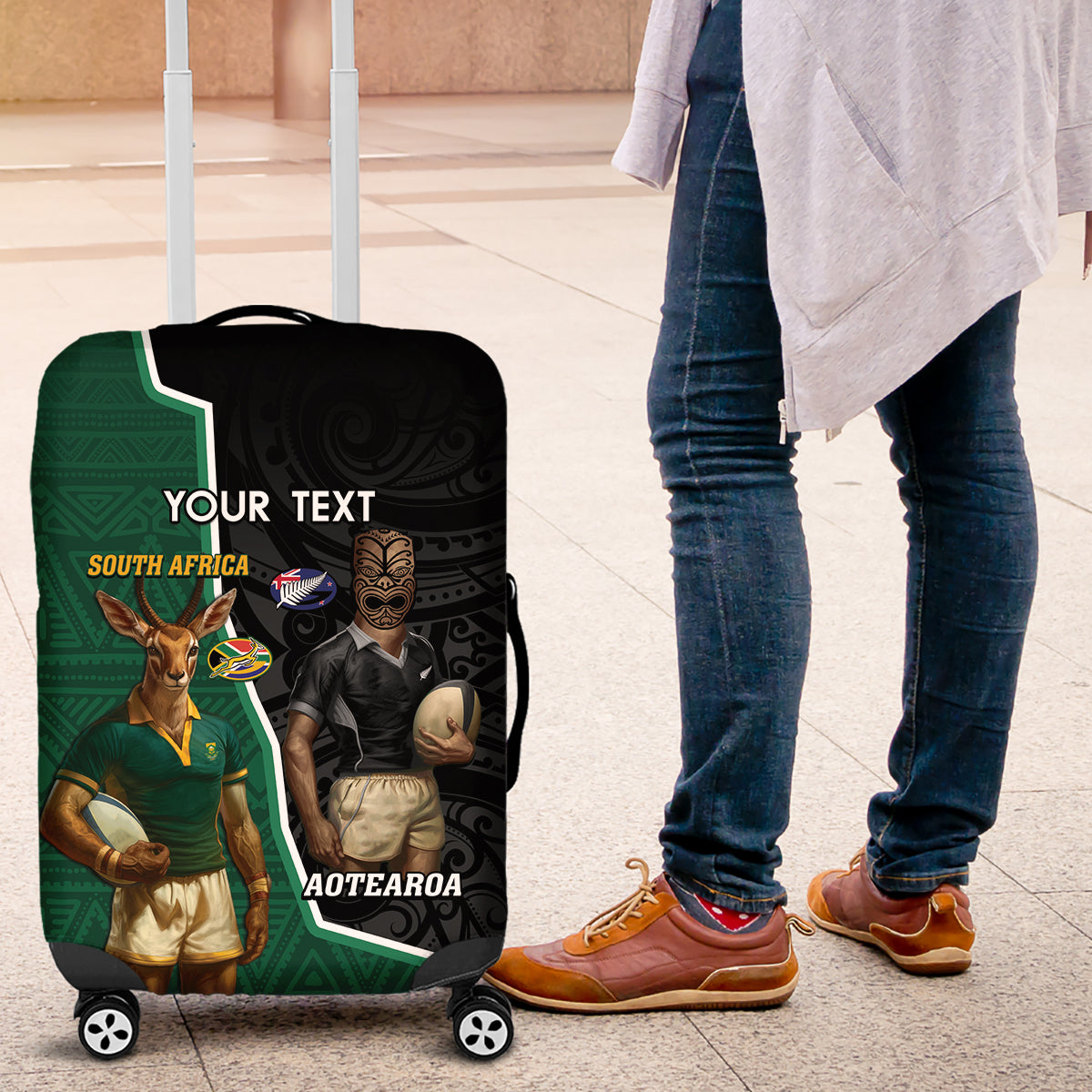 Personalised New Zealand And South Africa Rugby Luggage Cover 2024 All Black Springboks Mascots Together - Vibe Hoodie Shop