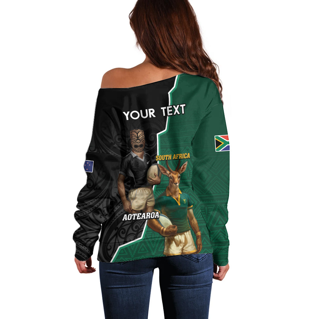 Personalised New Zealand And South Africa Rugby Off Shoulder Sweater 2024 All Black Springboks Mascots Together - Vibe Hoodie Shop