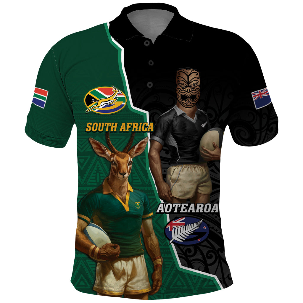 Personalised New Zealand And South Africa Rugby Polo Shirt 2024 All Black Springboks Mascots Together - Vibe Hoodie Shop