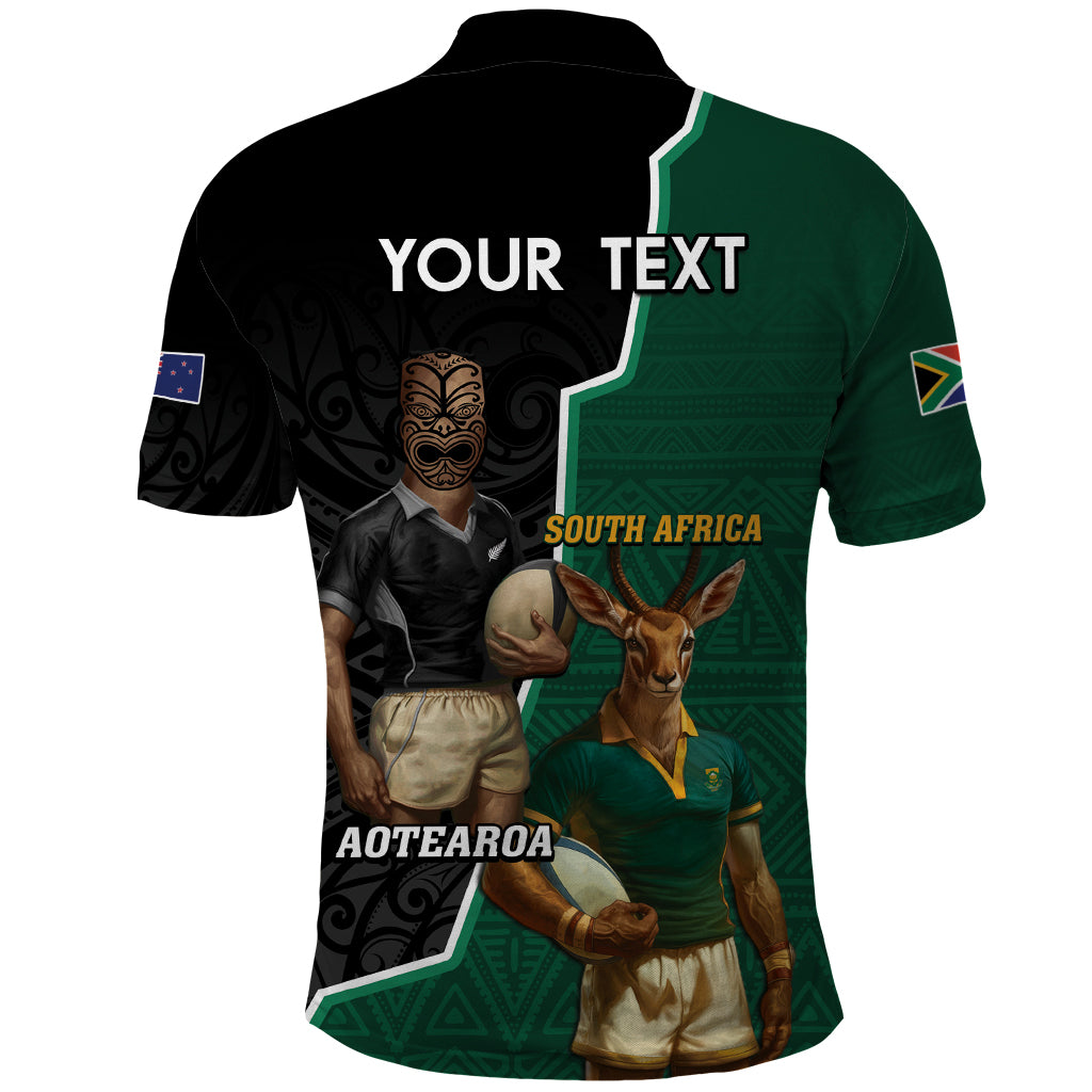 Personalised New Zealand And South Africa Rugby Polo Shirt 2024 All Black Springboks Mascots Together - Vibe Hoodie Shop