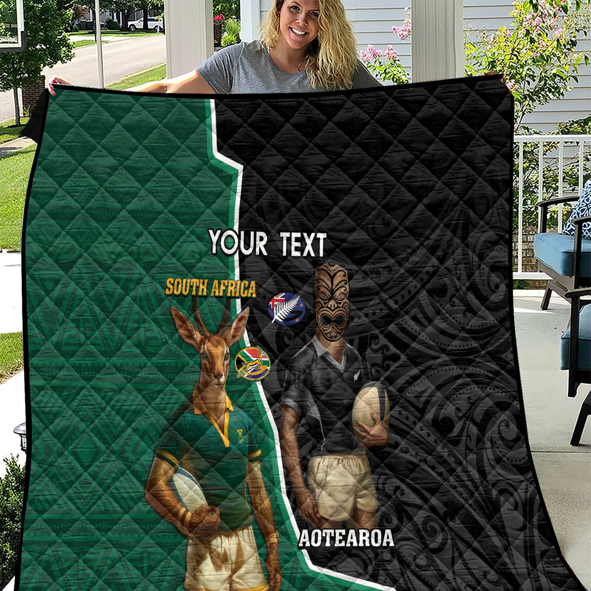 Personalised New Zealand And South Africa Rugby Quilt 2024 All Black Springboks Mascots Together - Vibe Hoodie Shop