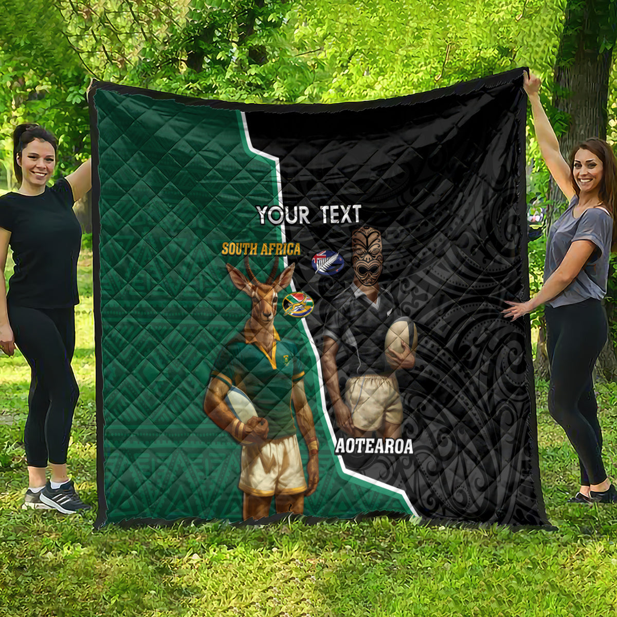 Personalised New Zealand And South Africa Rugby Quilt 2024 All Black Springboks Mascots Together - Vibe Hoodie Shop