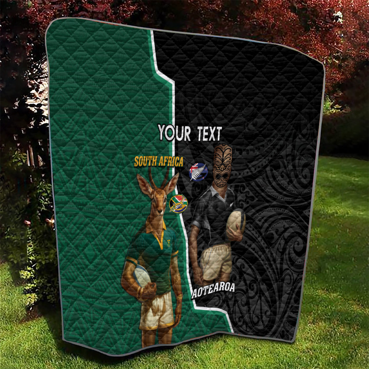 Personalised New Zealand And South Africa Rugby Quilt 2024 All Black Springboks Mascots Together - Vibe Hoodie Shop