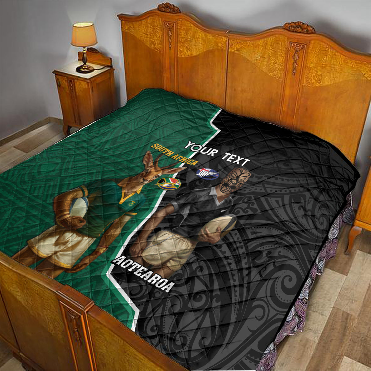 Personalised New Zealand And South Africa Rugby Quilt 2024 All Black Springboks Mascots Together - Vibe Hoodie Shop