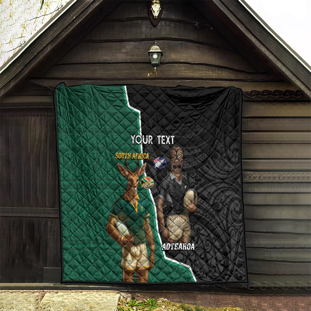 Personalised New Zealand And South Africa Rugby Quilt 2024 All Black Springboks Mascots Together - Vibe Hoodie Shop
