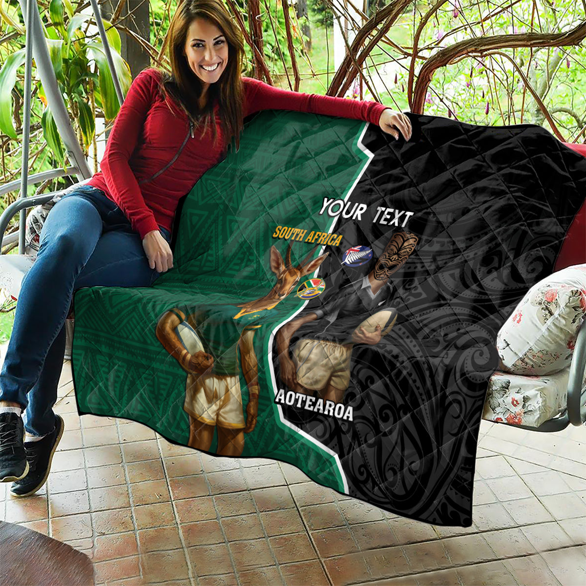 Personalised New Zealand And South Africa Rugby Quilt 2024 All Black Springboks Mascots Together - Vibe Hoodie Shop