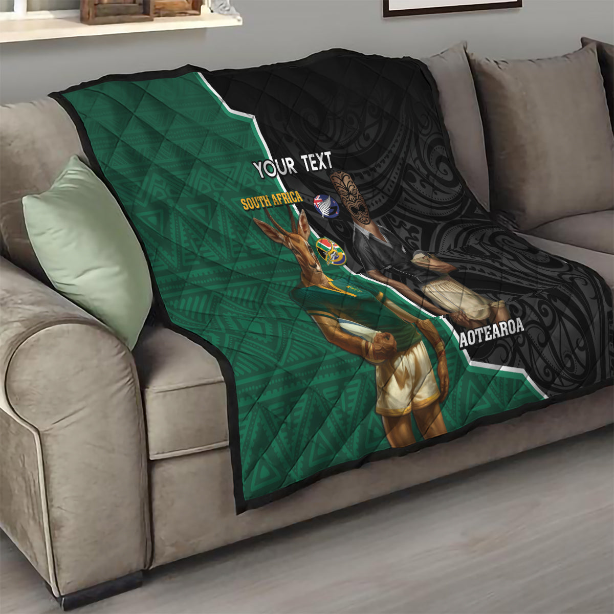 Personalised New Zealand And South Africa Rugby Quilt 2024 All Black Springboks Mascots Together - Vibe Hoodie Shop