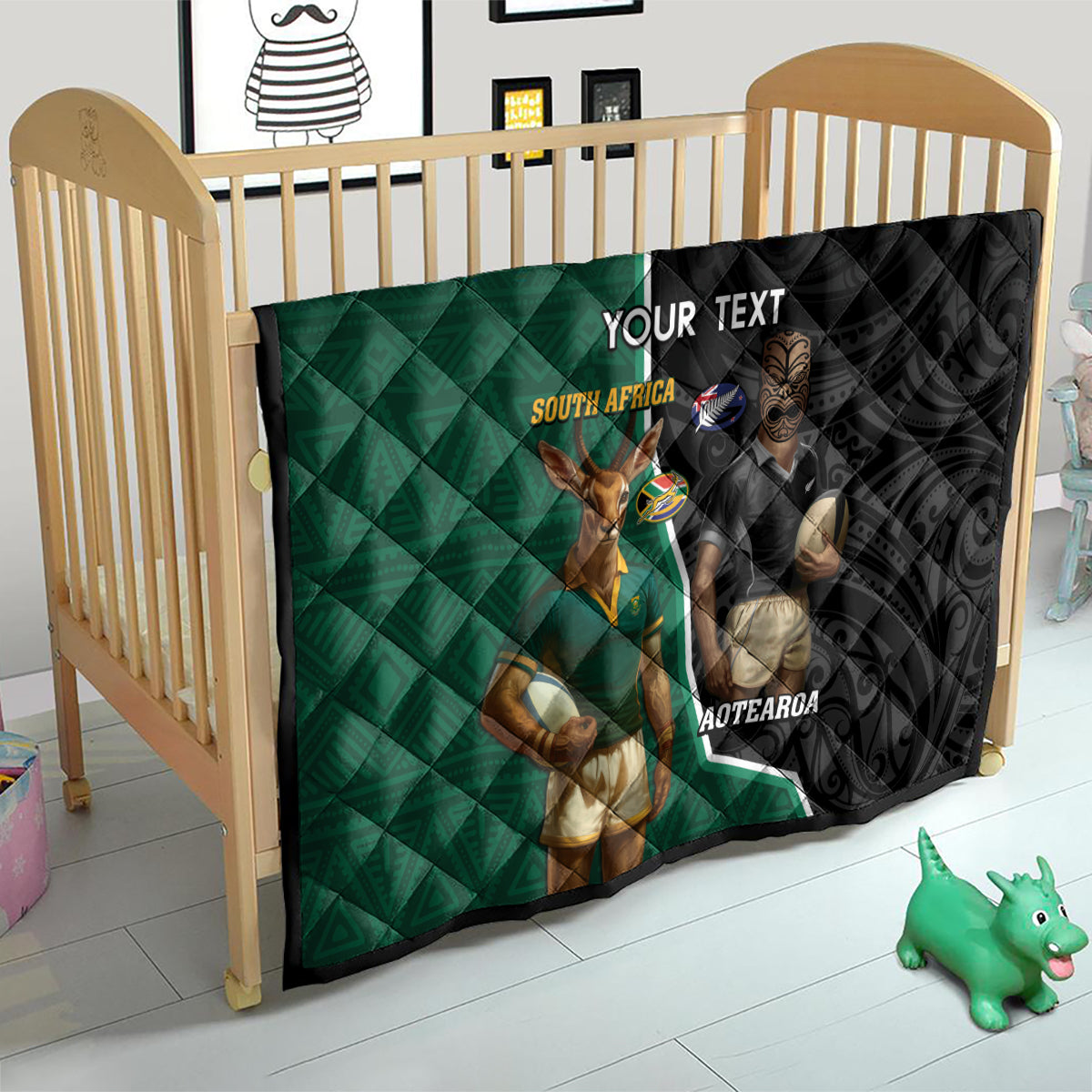 Personalised New Zealand And South Africa Rugby Quilt 2024 All Black Springboks Mascots Together - Vibe Hoodie Shop
