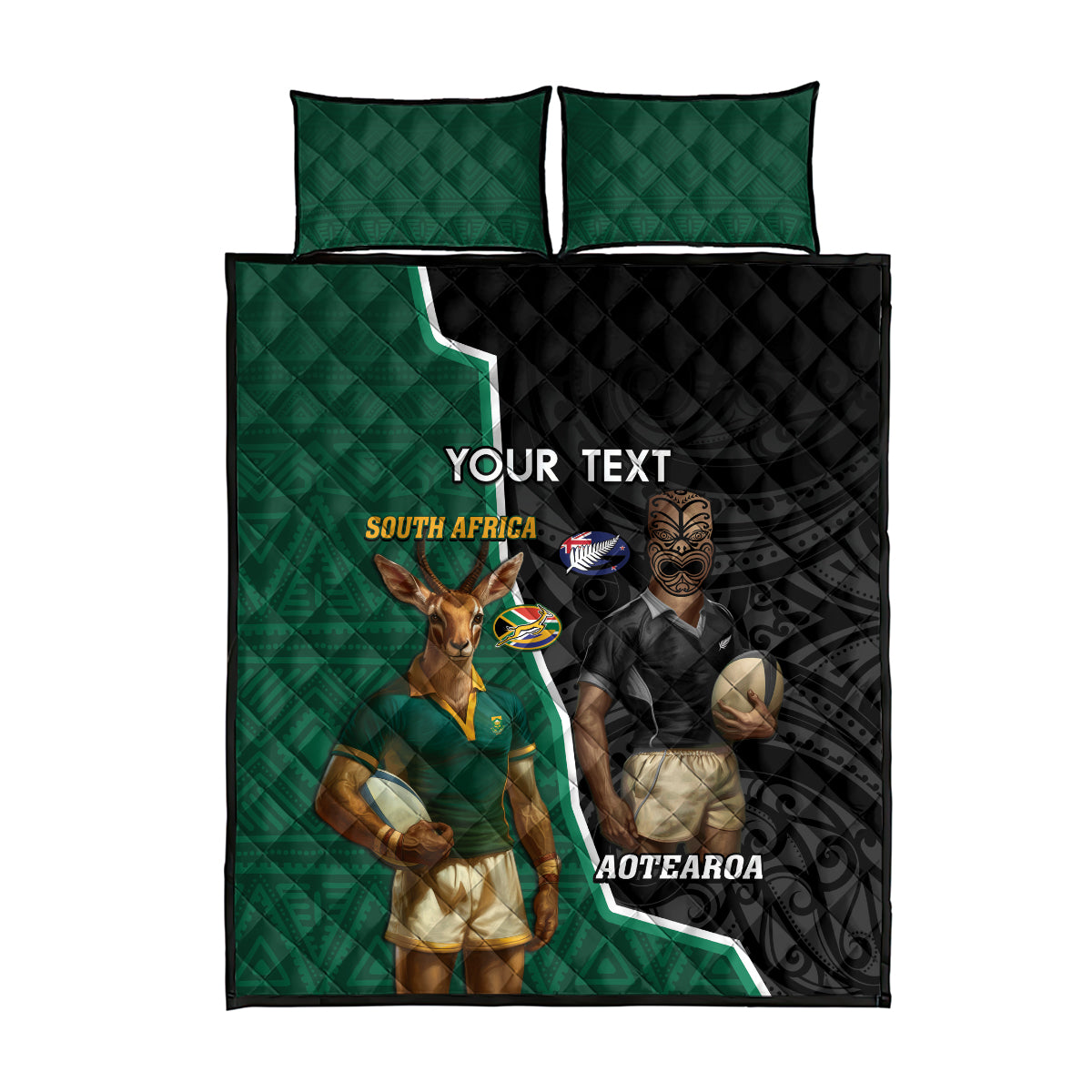 Personalised New Zealand And South Africa Rugby Quilt Bed Set 2024 All Black Springboks Mascots Together - Vibe Hoodie Shop