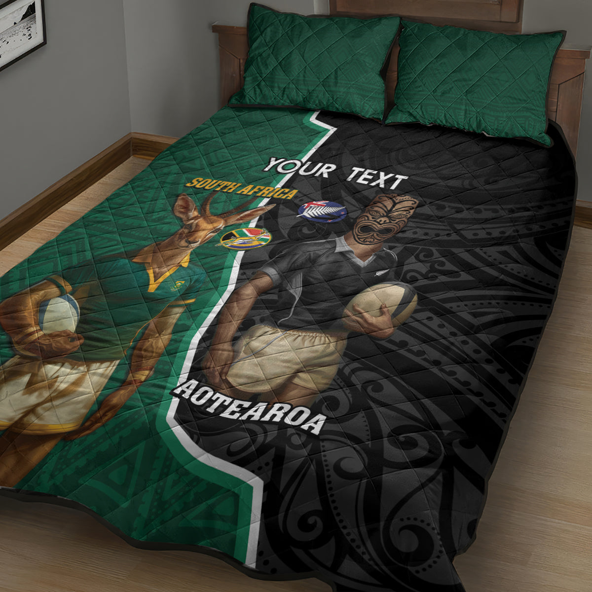 Personalised New Zealand And South Africa Rugby Quilt Bed Set 2024 All Black Springboks Mascots Together - Vibe Hoodie Shop