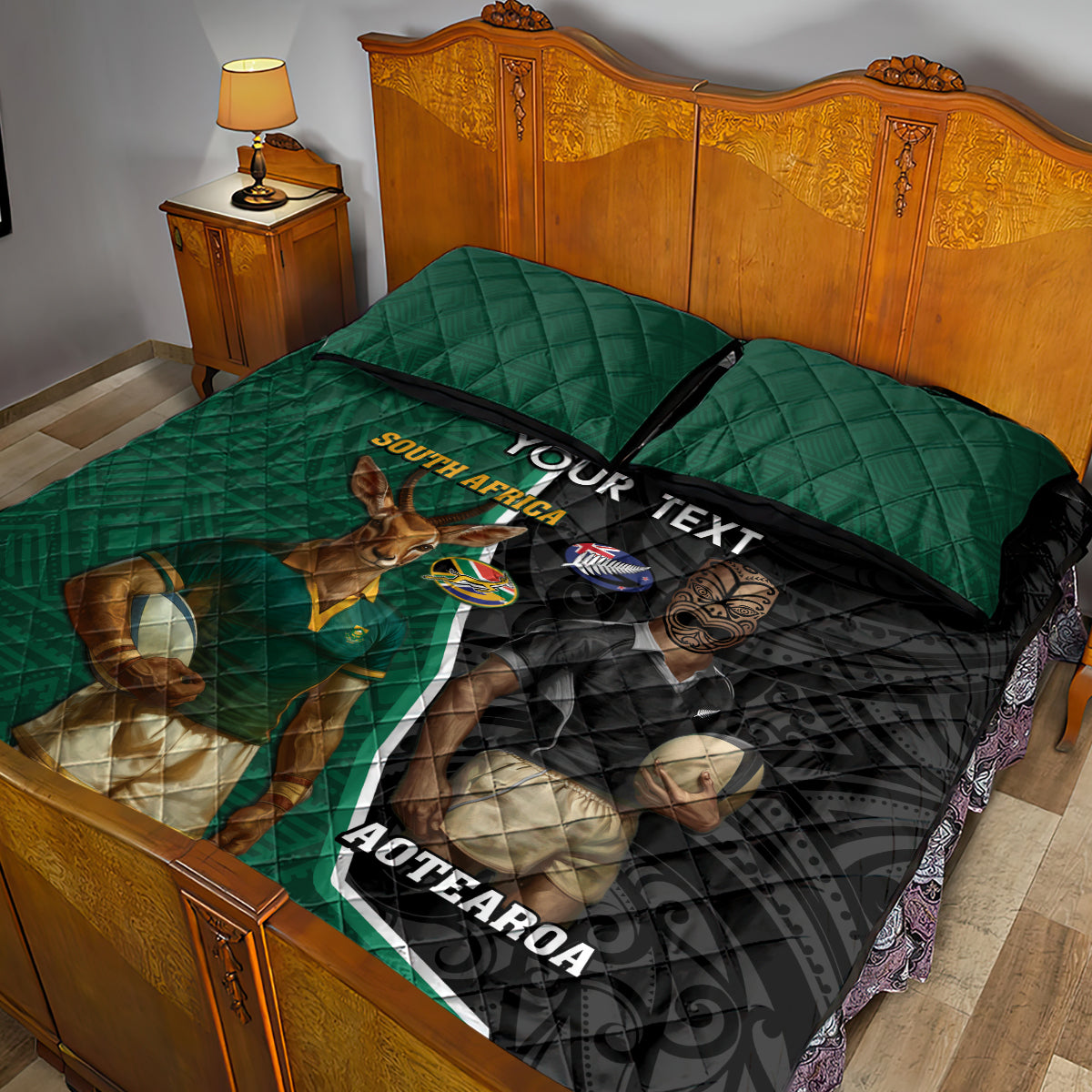 Personalised New Zealand And South Africa Rugby Quilt Bed Set 2024 All Black Springboks Mascots Together - Vibe Hoodie Shop