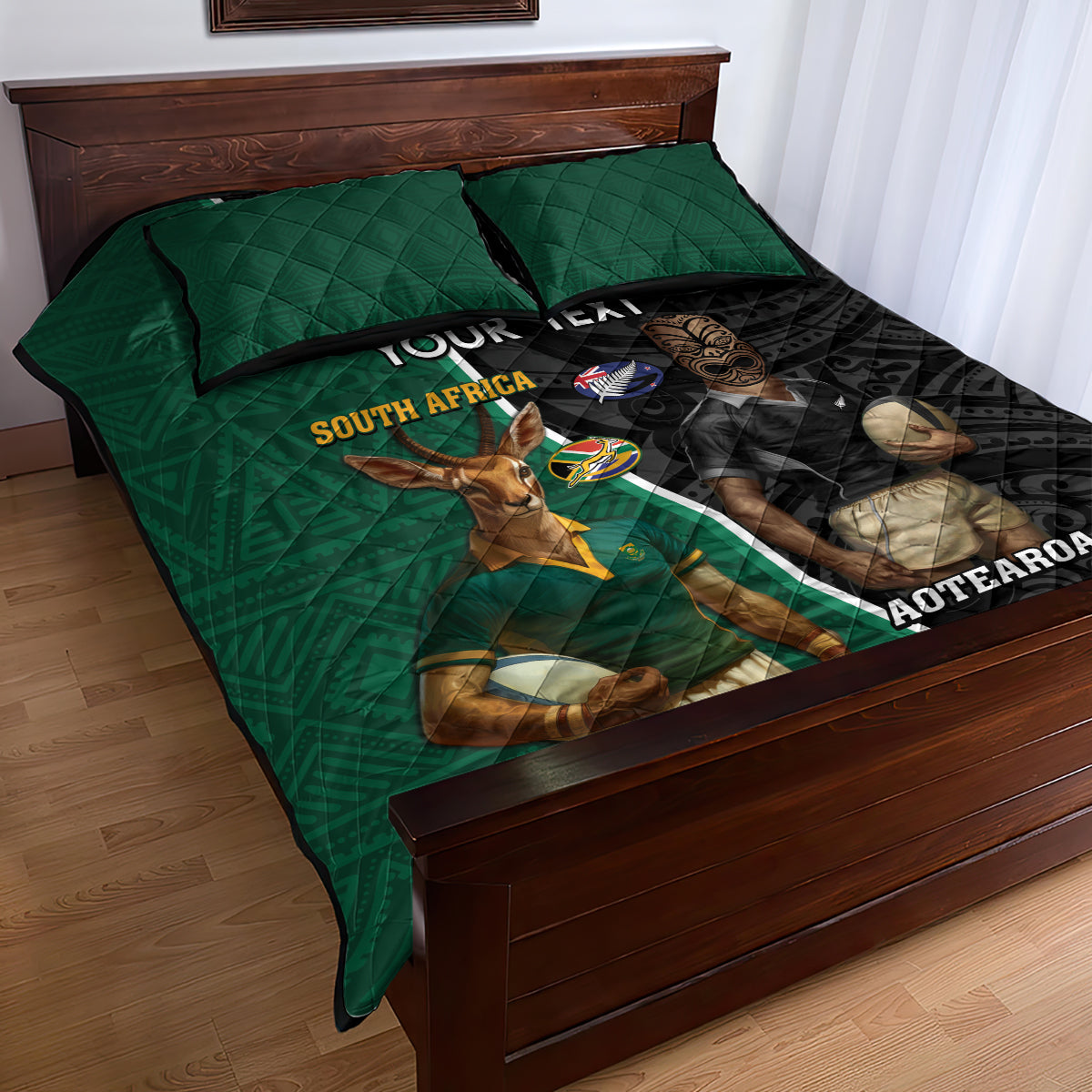 Personalised New Zealand And South Africa Rugby Quilt Bed Set 2024 All Black Springboks Mascots Together - Vibe Hoodie Shop