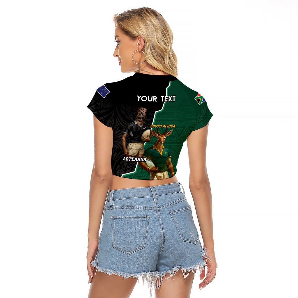 Personalised New Zealand And South Africa Rugby Raglan Cropped T Shirt 2024 All Black Springboks Mascots Together - Vibe Hoodie Shop